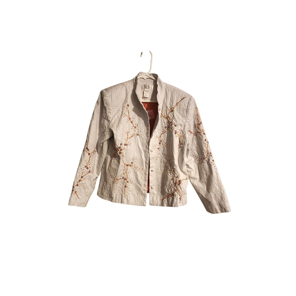 Soft Surroundings Quilted Crop Jacket Sz M White Cherry Blossom Embroidered Bead